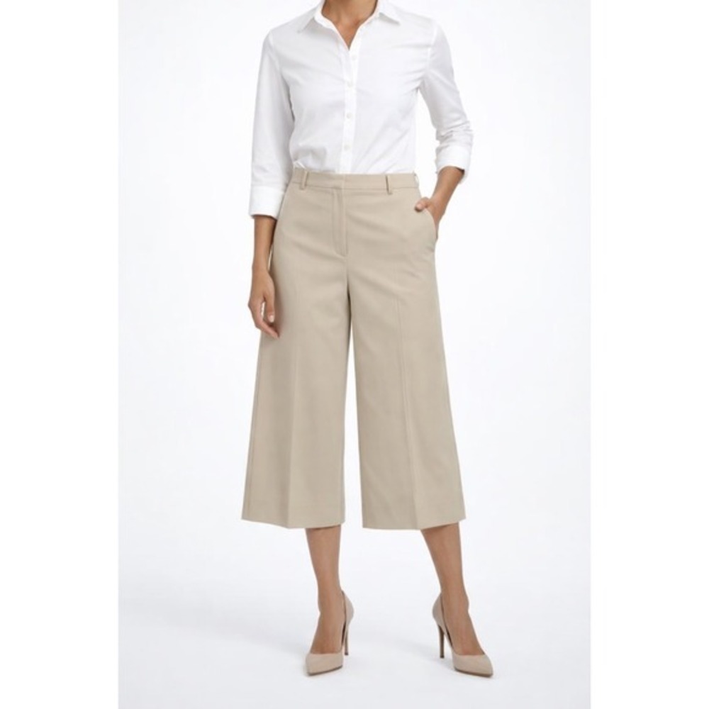 St. John Dress Pants Women Sz 14 Beige Wide Leg Cropped Trousers Designer